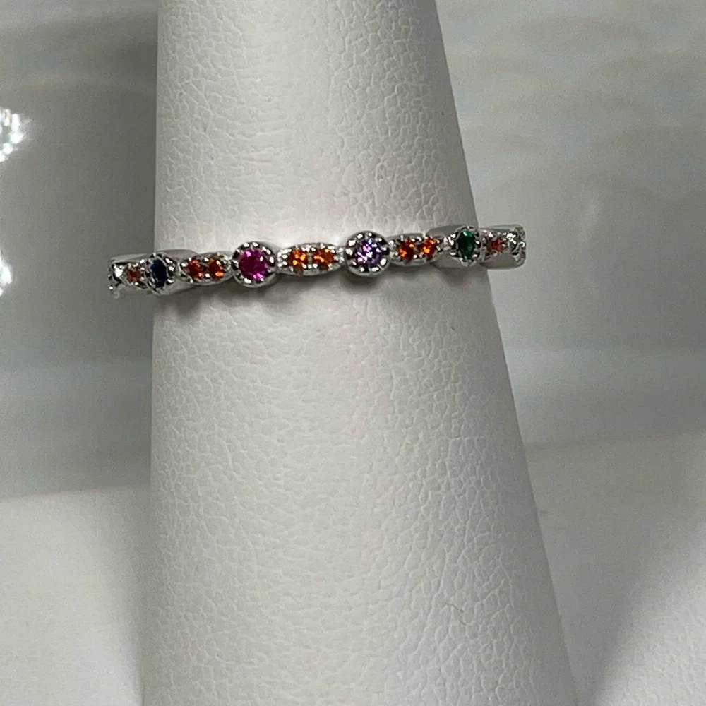 Rhodium Plated Solid Sterling Silver Multicolored CZ Stacking Ring Size 7.75